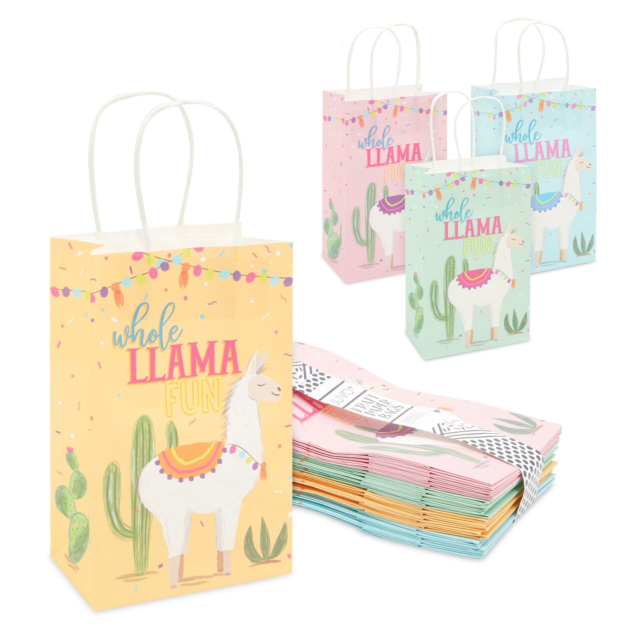 Llama Party Favor Paper Gift Bags with Handles, Whole Llama Fun Fiesta (24 Pack)